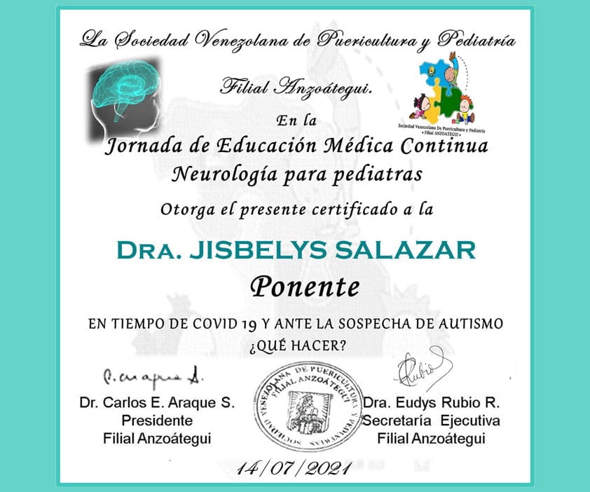 Certificados Dra Jisbelys Salazar Neurólogo Infantil 