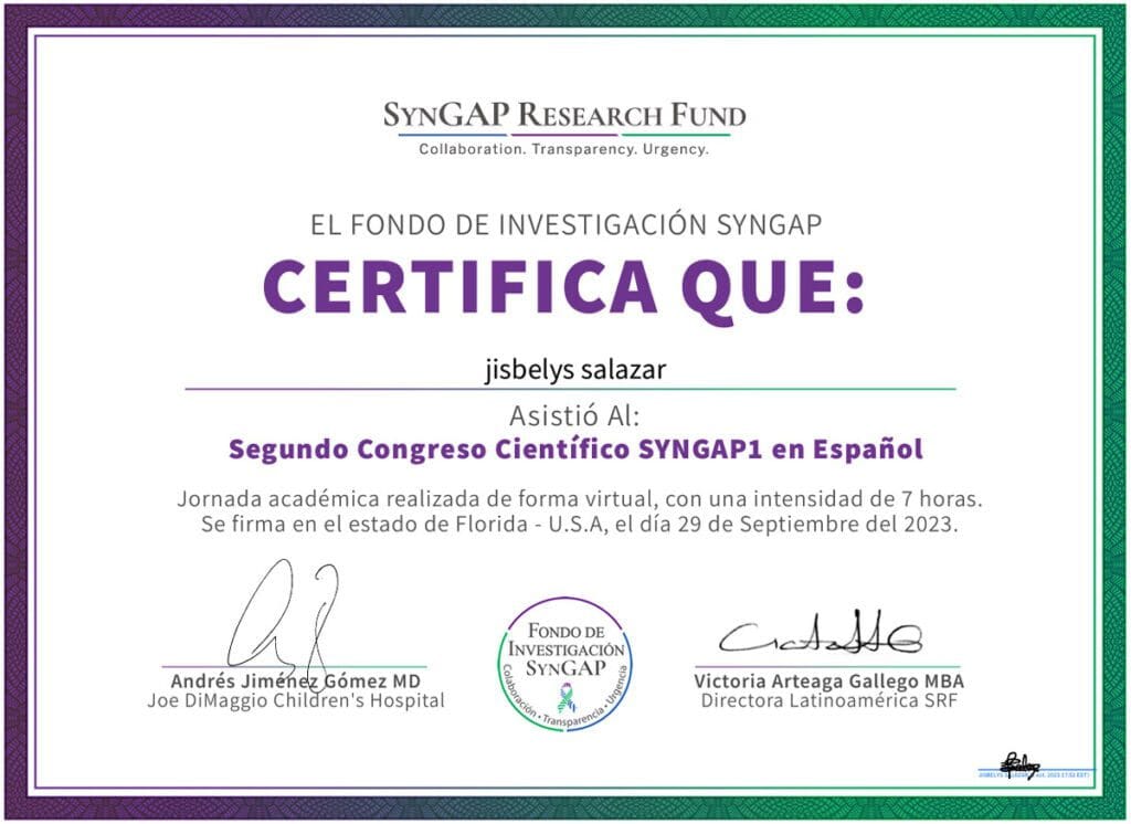 certificado-SynGAP-Research-Fund-Dra-Jisbelys-Salazar neurólogo infantil