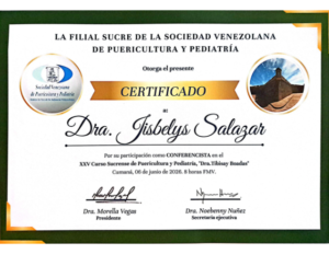 Certificado Dra Jisbelys Filial Sucre 2026